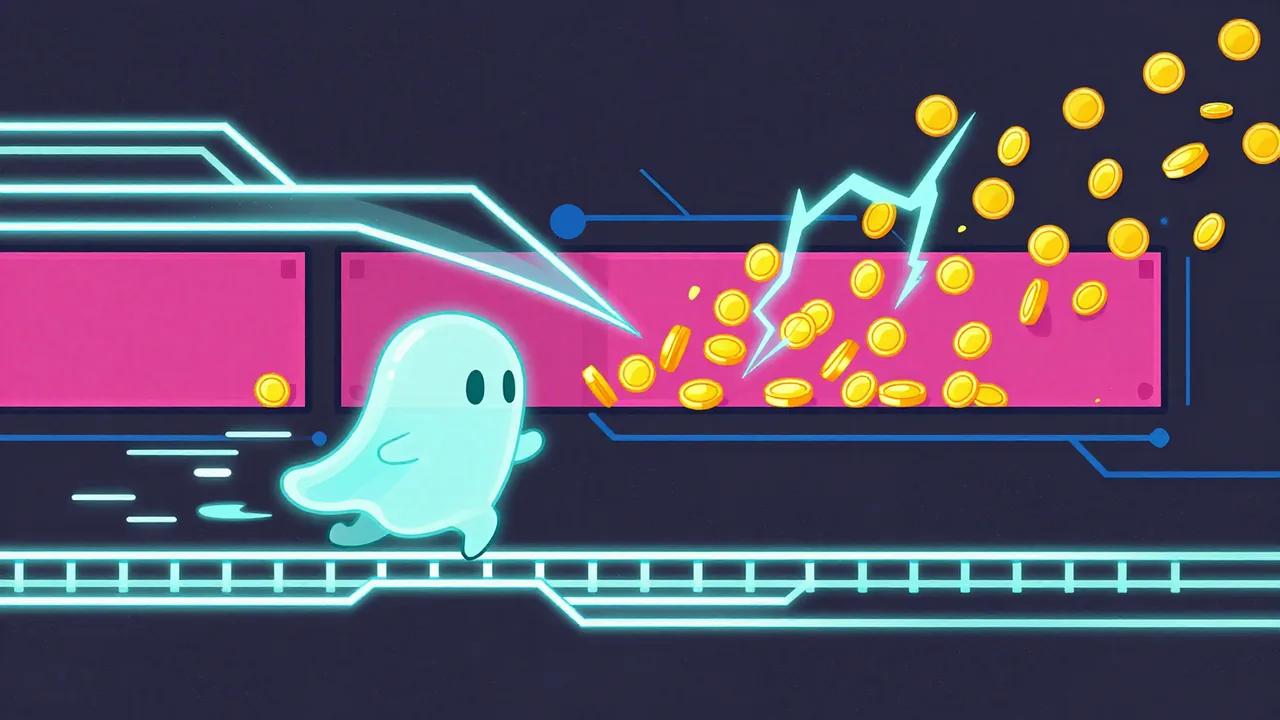 Hollow Run cover: a cyan ghost running along a neon circuit rail, passing through magenta walls while golden coins burst out