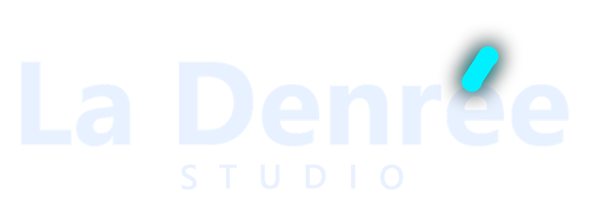 La Denrée Studio wordmark, with the accent on the é glowing cyan