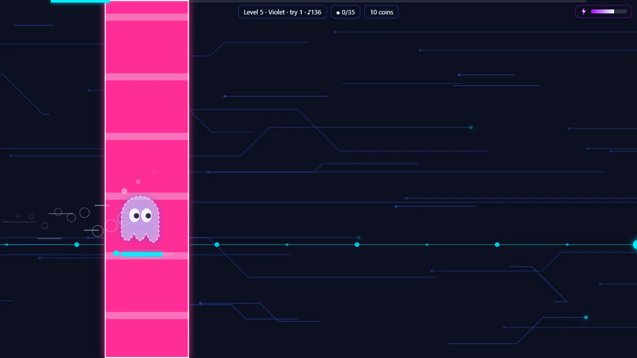 Hollow Run in landscape: a violet ghost phasing through a tall magenta wall chain on level 5