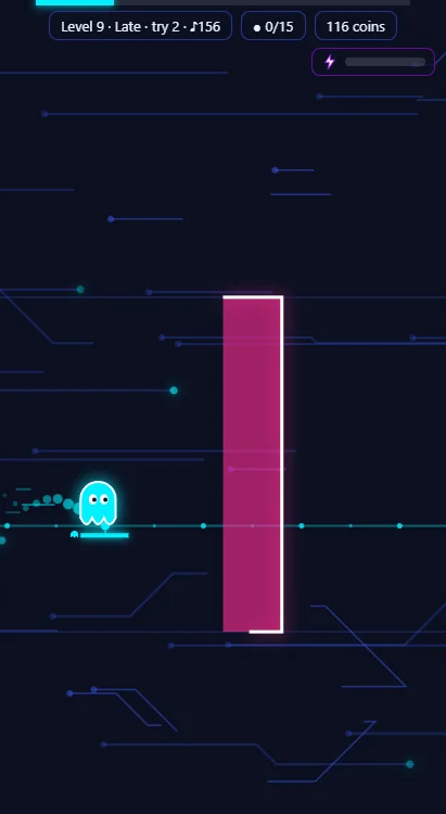 A late wall fading in at the last beat in front of the cyan ghost on level 9