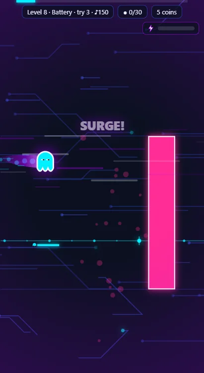 SURGE active: the ghost blazes through the level while the screen turns violet