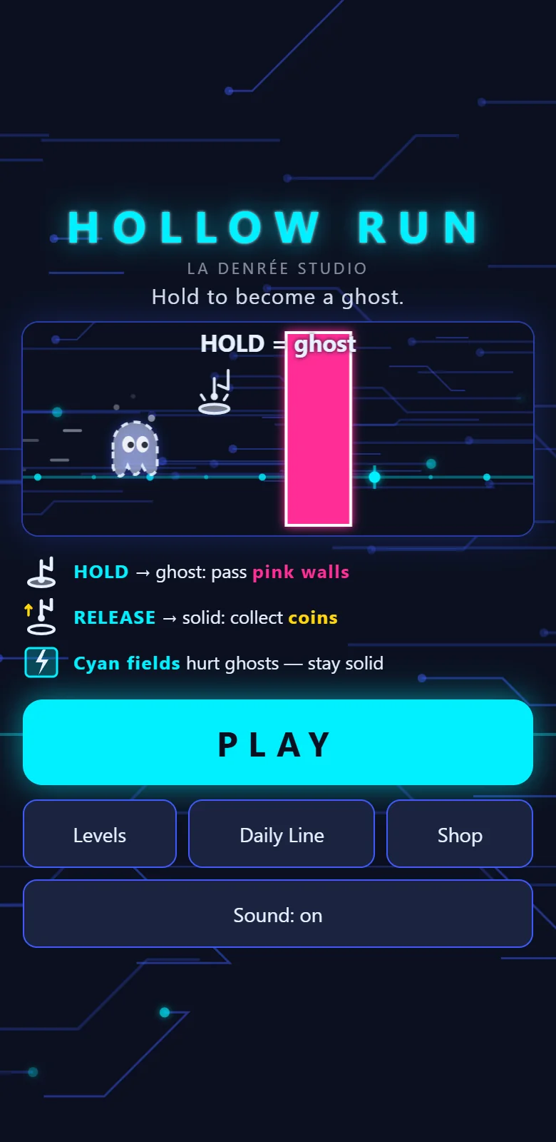 Hollow Run title screen with the animated demo, the three rules and the big PLAY button