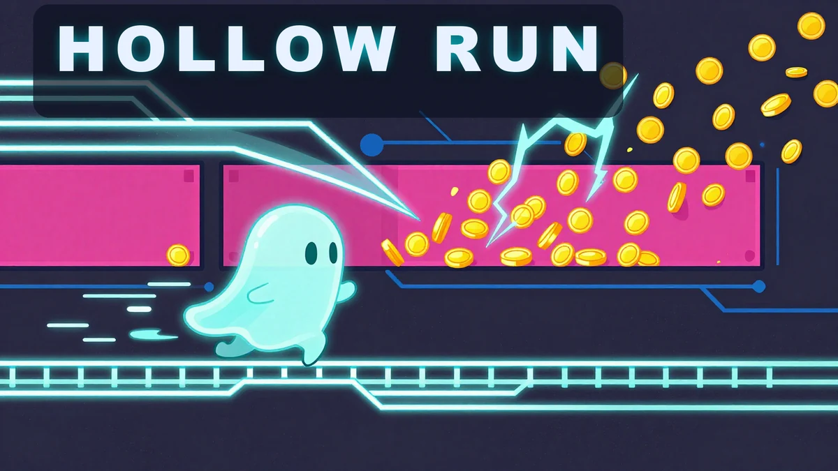 Hollow Run cover 16:9 with the title: a cyan ghost running along a neon circuit rail, passing through magenta walls while golden coins burst out