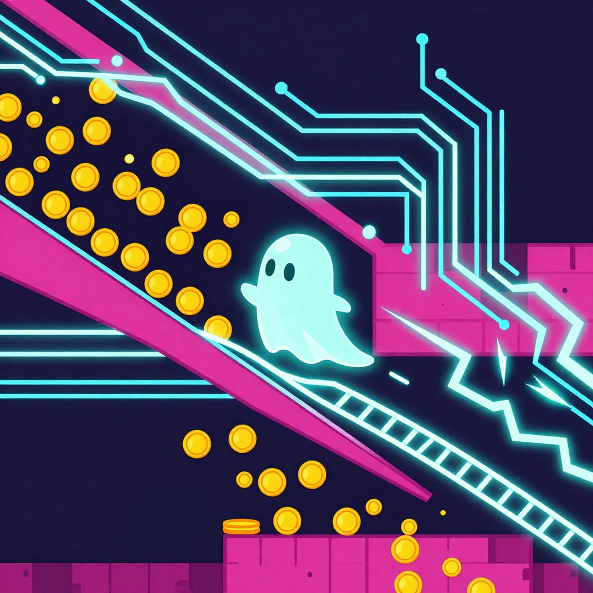 Hollow Run square cover without title: the ghost passing a magenta wall on a cyan circuit rail, golden coins around