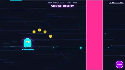 Animated preview of Hollow Run: the ghost grabs a battery then fires the Surge on level 8